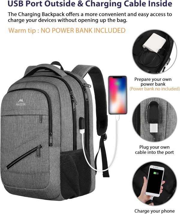 MATEIN Travel Laptop Backpack, 17 Inch Work TSA Approved Carry on Backpack, Large Computer Business Bag for Men Women with USB Port and Trolley Sleeve, College School Rucksack Book Bag, Grey - Image 4